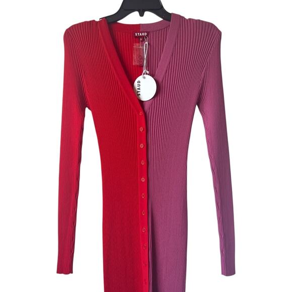 STAUD Shoko Colorblock Ribbed Sweater Dress In Poppy Rosebud Size M - Picture 4 of 13